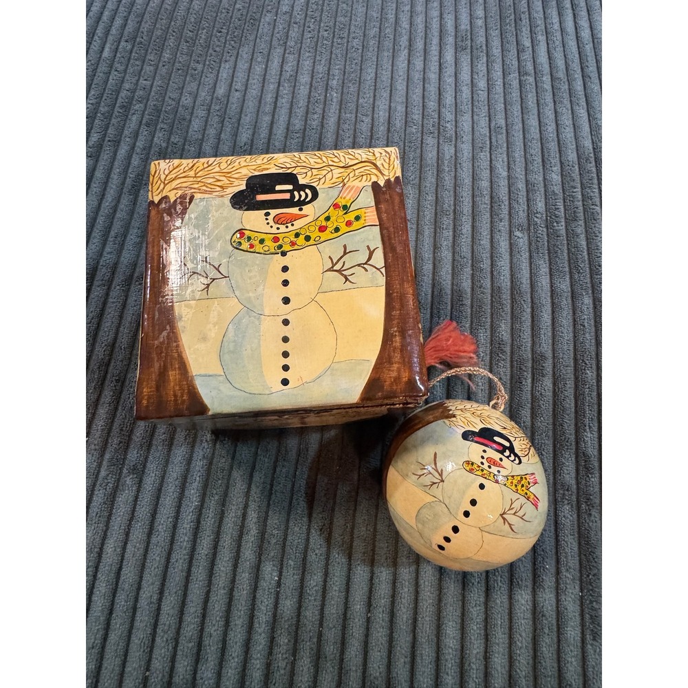 Homespun Christmas Snowman‎ Box Ornament Set Hand Painted Foreside India